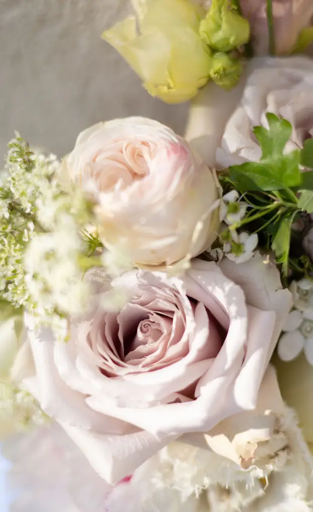 Peonies and garden roses in a low bouquet.